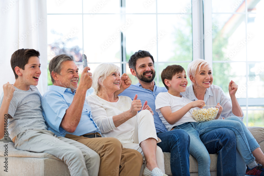 Excited family watching television on sofa
Excited family watching television on sofa