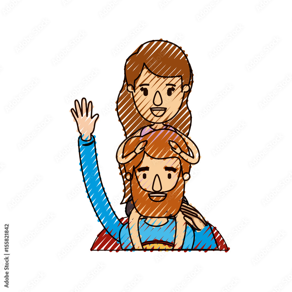 color crayon stripe caricature half body super dad hero greeting with girl on his back vector illustration
