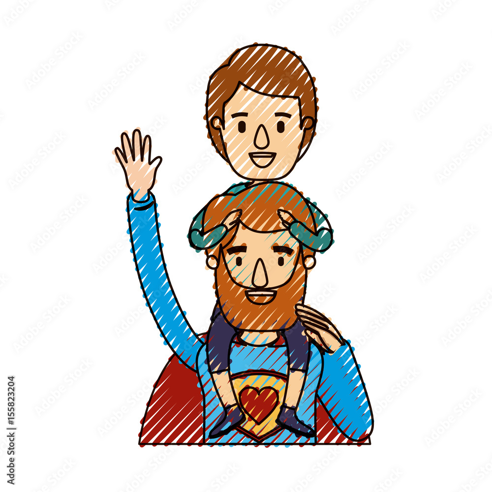 color crayon stripe caricature half body super dad hero with boy on his back vector illustration color crayon stripe caricature half body super dad hero with boy on his back vector illustration