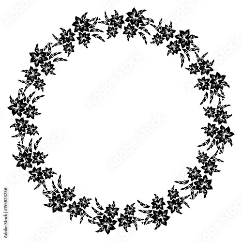 Black and white round silhouette label with decorative flowers. Vector clip art