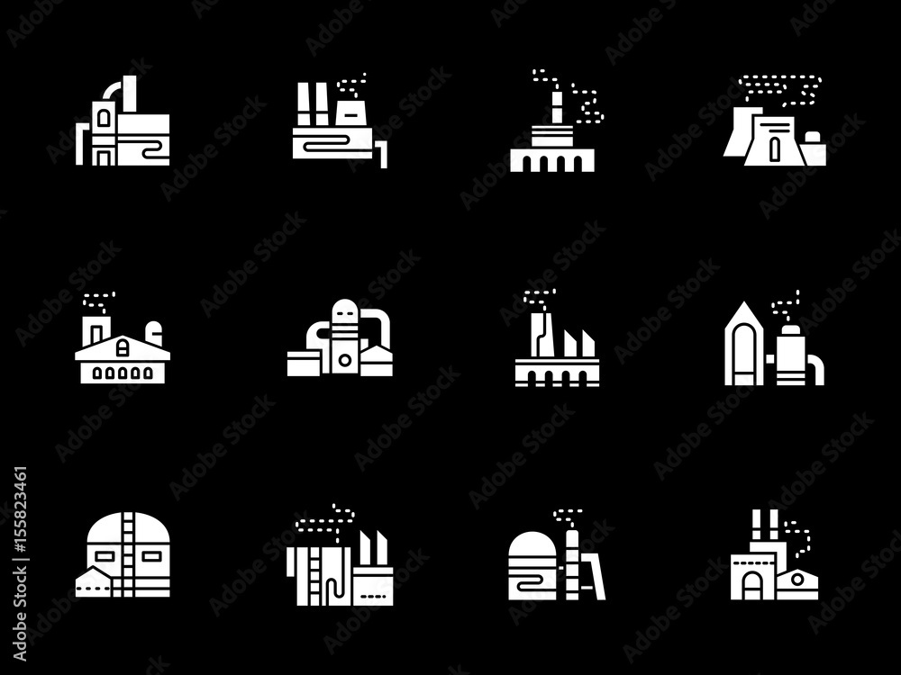 White glyph vector icons for industrial factories