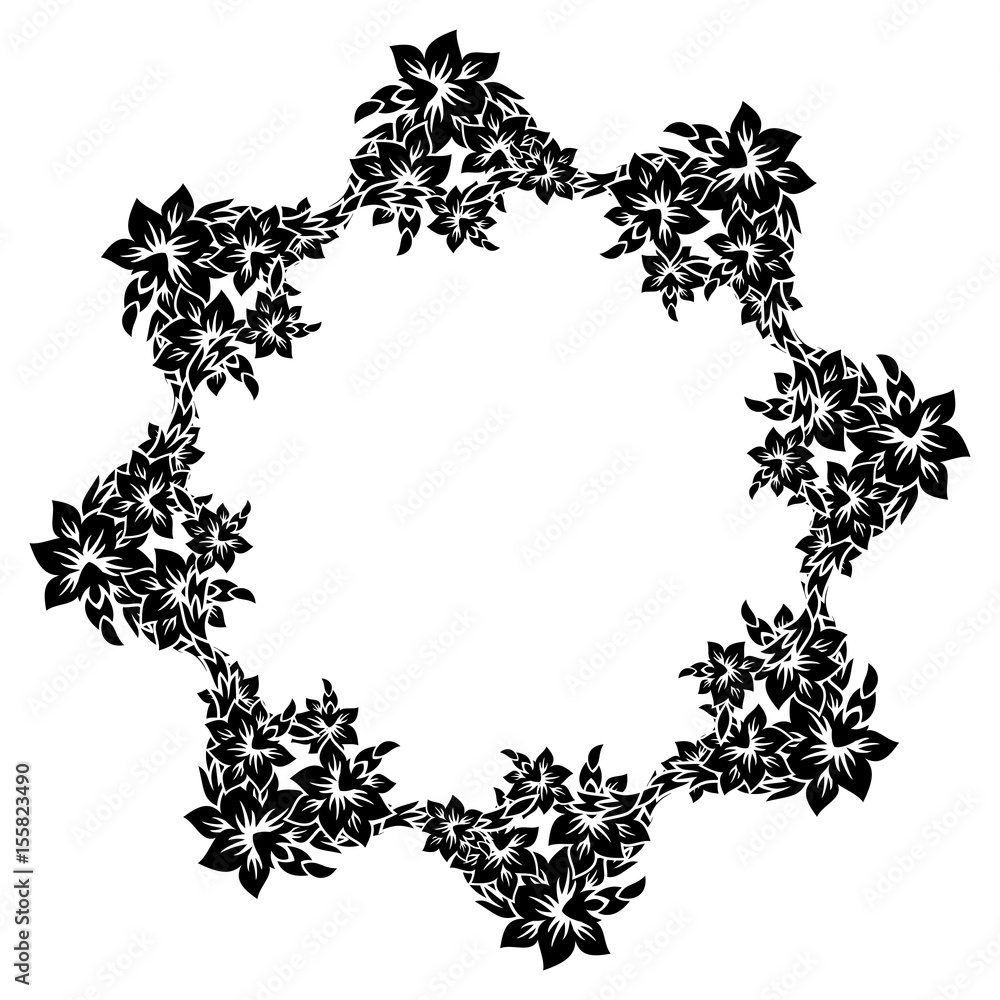 Naklejka premium Black and white round silhouette label with decorative flowers. Vector clip art