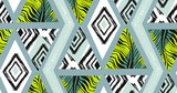 Hand drawn vector abstract freehand textured seamless tropical pattern collage with zebra motif,organic textures,triangles isolated on black background.Wedding,save the date,birthday,fashion decor