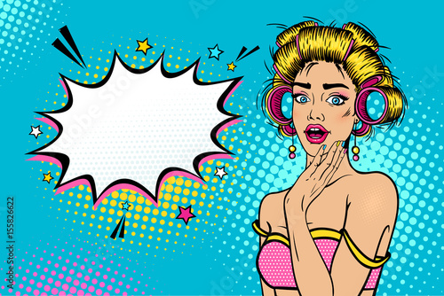 Wow female face. Sexy young blonde woman housewife with open mouth and hair curlers, bright makeup and empty speech bubble. Vector colorful background in pop art retro comic style. Invitation poster.