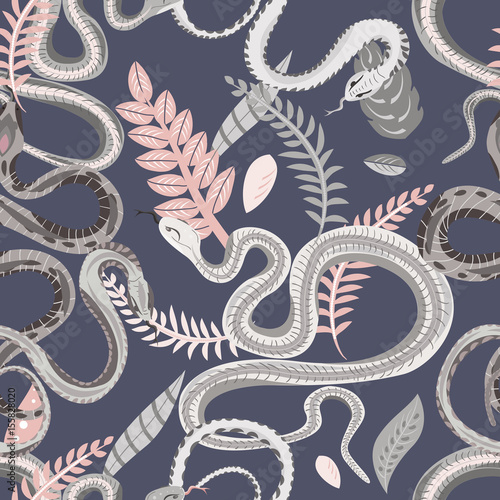 Seamless pattern with snakes and plants. Colorful wallpaper on a tropical theme on gray background.
