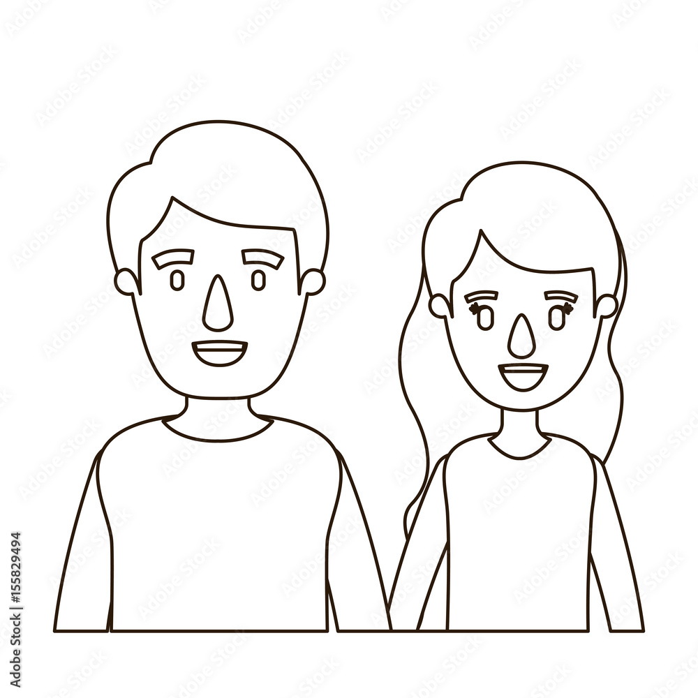 sketch contour caricature half body couple woman with long wavy hair and man vector illustration sketch contour caricature half body couple woman with long wavy hair and man vector illustration