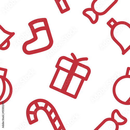 Vector pattern of Christmas symbols on white background. Sock, gift, bell and lollipop, Fill, swatch for your design