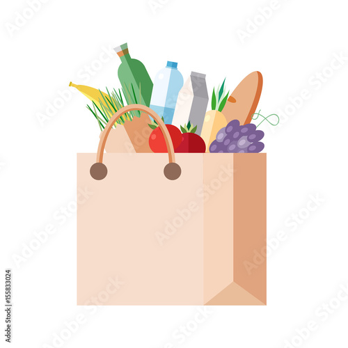 Paper bag with purchases. full packet with fresh food, vegetables, fruits, da...