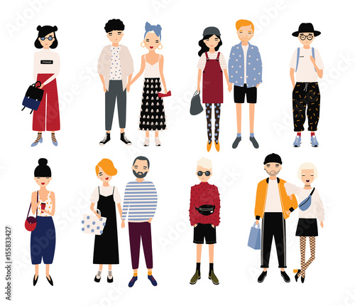 Set of stylish young people and love couples. Different guys and girls in fashionable clothes, accessories. Colorful vector illustration in cartoon style.
