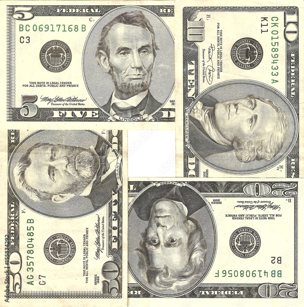 Previous Series of Five, Ten, Twenty and Fifty Dollars Banknotes - Used USD 5$ 10$ 20$ 50$ Cash Money Style