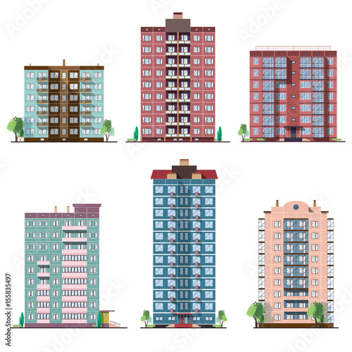 Fototapeta Set of different panel residential houses. collection of colorful vector flat illustration.