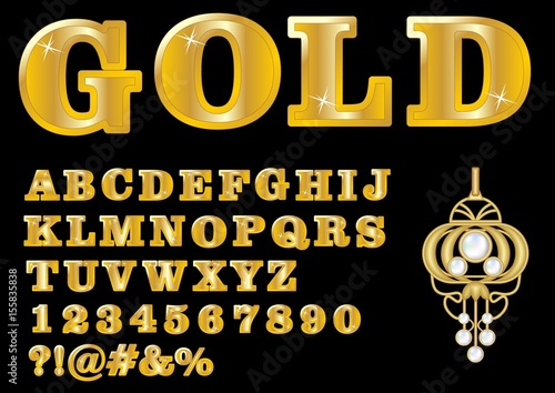 Alphabet in luxury gold design, uppercase letters, numbers, question and exclamation mark, antiquarian golden jewel with pearl included