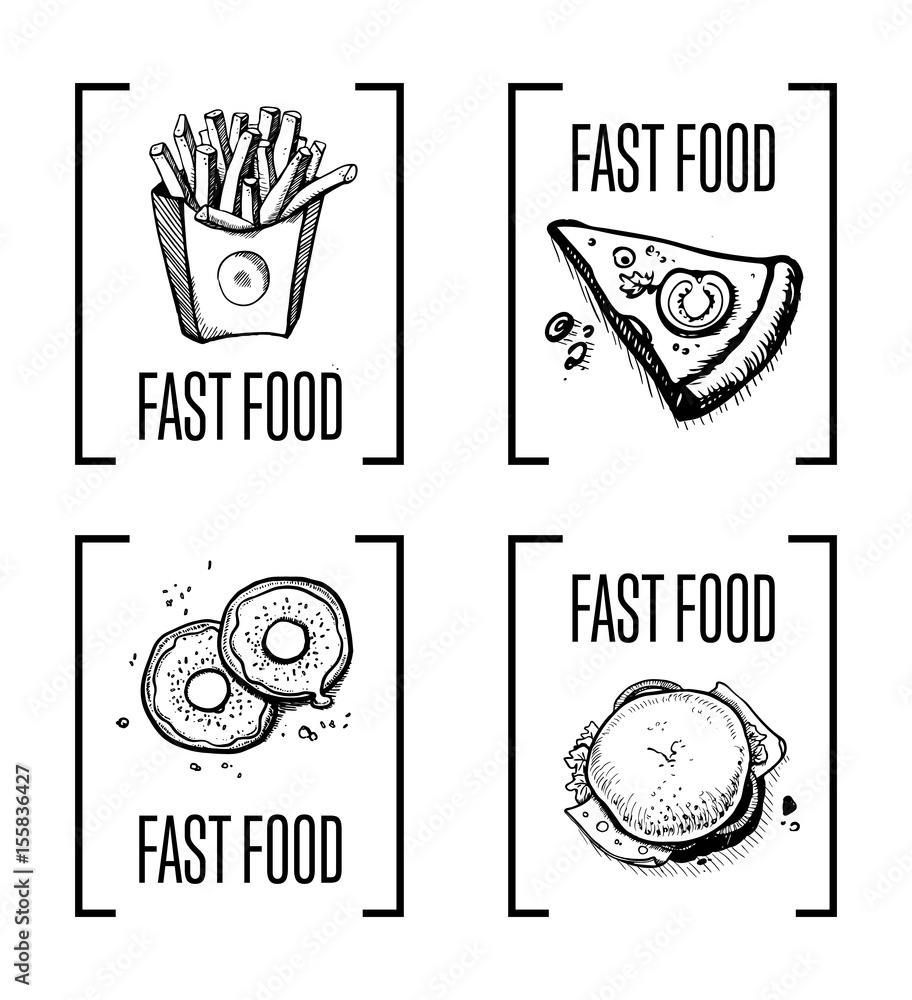 Fast food menu design element set. Vintage isolated vector graphic of pizza, french fries, hamburger and donut. Restaurant and cafe menu symbols, junk food icon collection with snack linear sketches