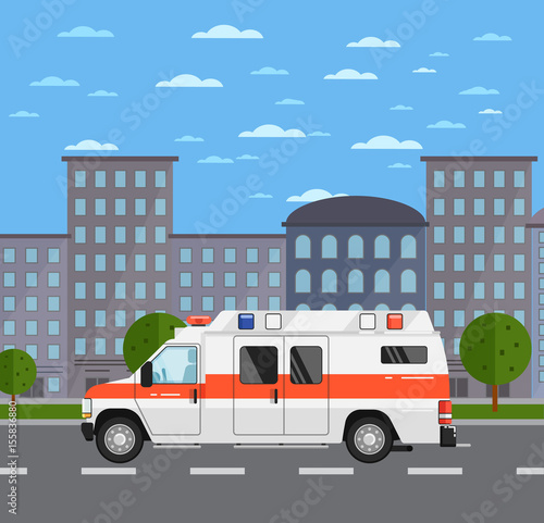Ambulance car on road in urban landscape. Service auto vehicle, city emergency transport, urban roadside assistance. City street road traffic vector illustration, cityscape background