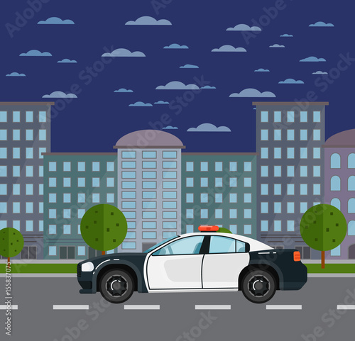 Police car on road in urban landscape. Service auto vehicle, city emergency transport, urban roadside assistance. City street road traffic vector illustration, cityscape background