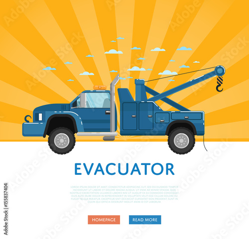 Website design with tow truck. Car evacuator on yellow striped background banner. Online auto business, service auto vehicle, emergency transport, urban roadside assistance vector illustration
