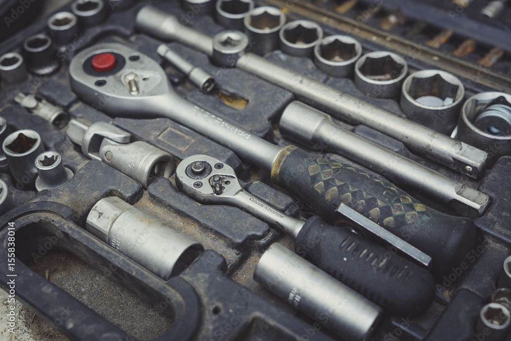 Tool box. Tool set with interior compartments to keep wrenches, ring spanners, screwdrivers. Tool box. Tool set with interior compartments to keep wrenches, ring spanners, screwdrivers.