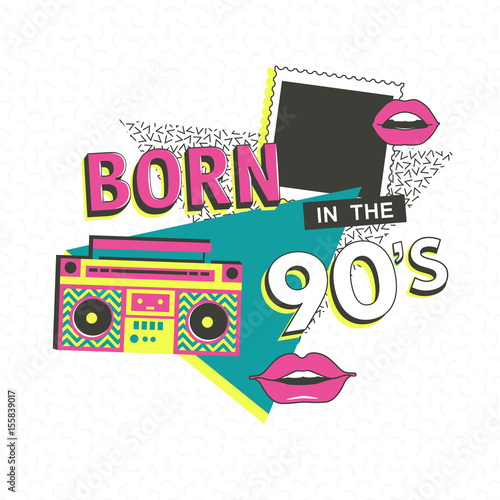 Template memphis poster with photo frame  lips and geometric ornaments elements. Back to the 90 s. Vector background in trendy 80s-90s.