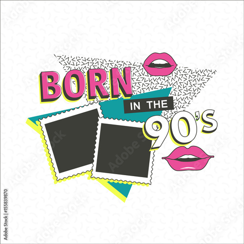 Template memphis poster with photo frame, lips and geometric ornaments elements. Back to the 90 s. Vector background in trendy 80s-90s.