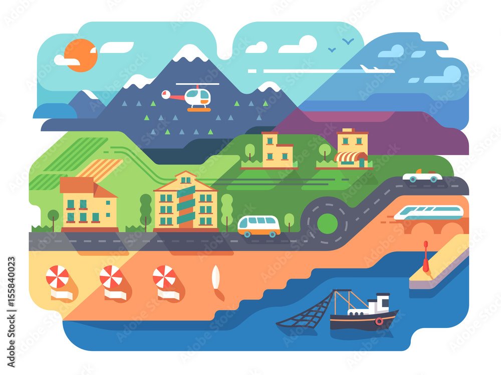 Coastal resort town with sandy beach and infrastructure. Vector illustration