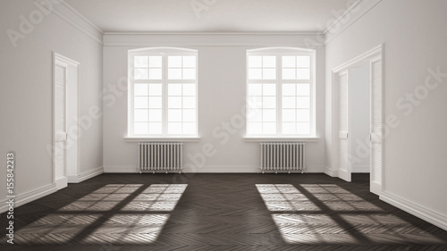 Empty room with parquet floor, big windows, doors and radiators, white and gray interior design