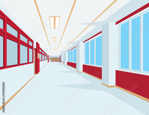 Interior of school hall in flat style. Vector illustration of university or college corridor with windows.