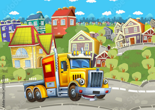 Fototapeta cartoon szczęśliwy ładunek ciężarówki bez przyczepy jazdy przez miasto