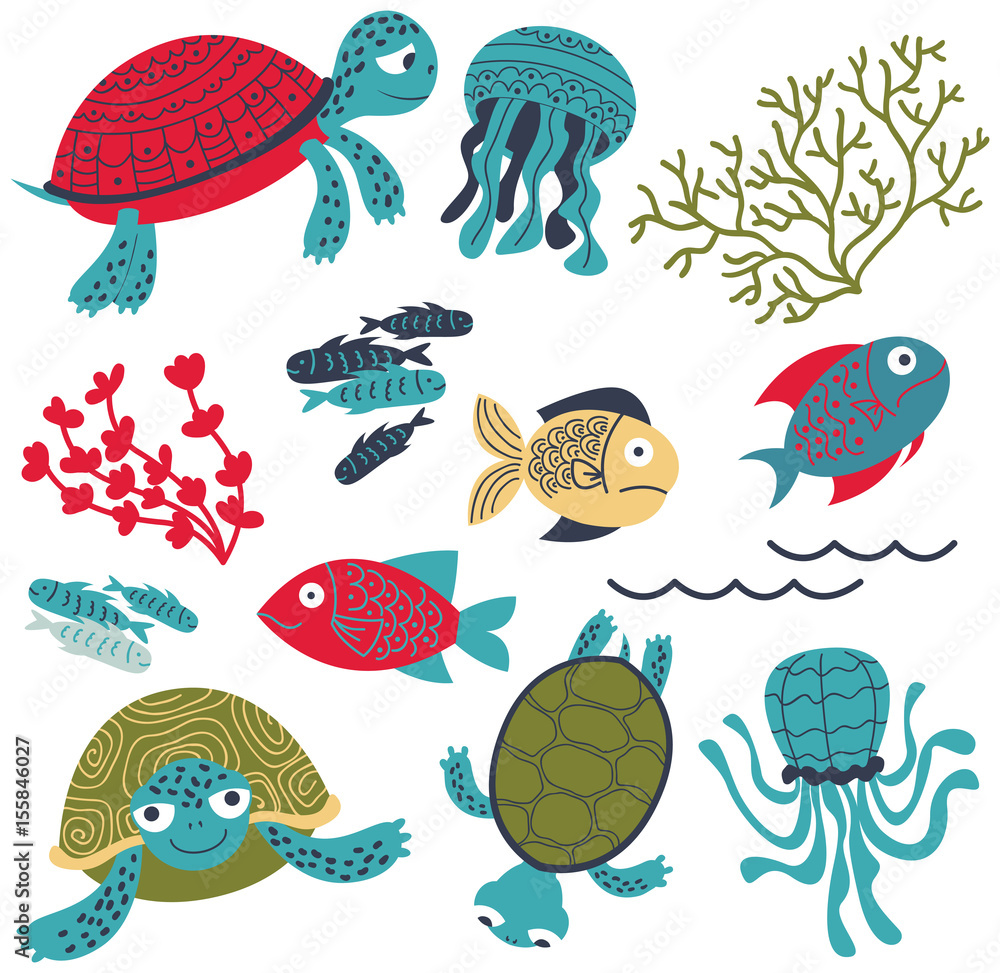 Fototapeta premium Vector colorful sea turtles with fish and corals set