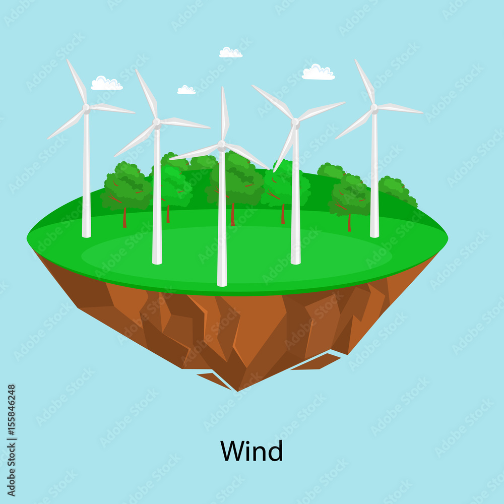 Obraz premium alternative energy power, wind electricity turbine field on a green grass ecology concept, technology of renewable windmill station vector illustratin