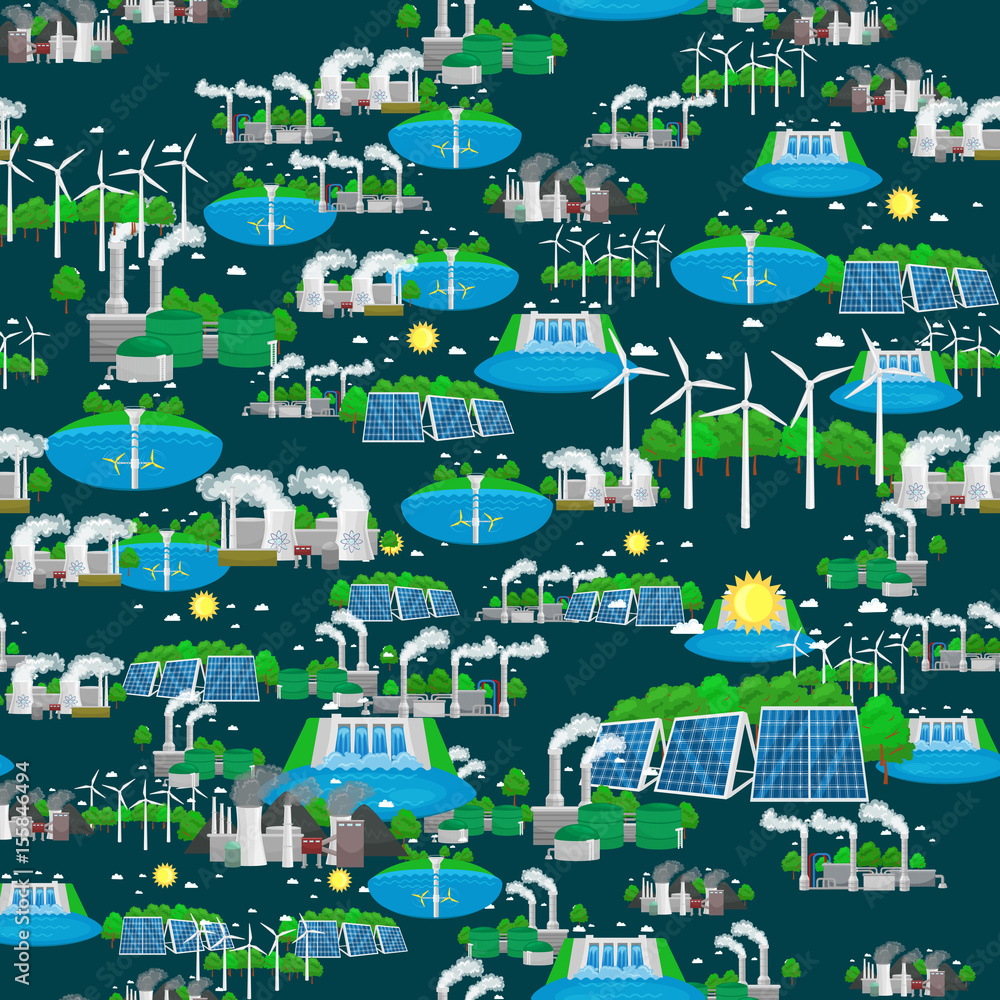 Naklejka premium seamless pattern alternative energy green power, environment save, renewable turbine energy, wind and solar ecology electricity, ecological industry vector illustration