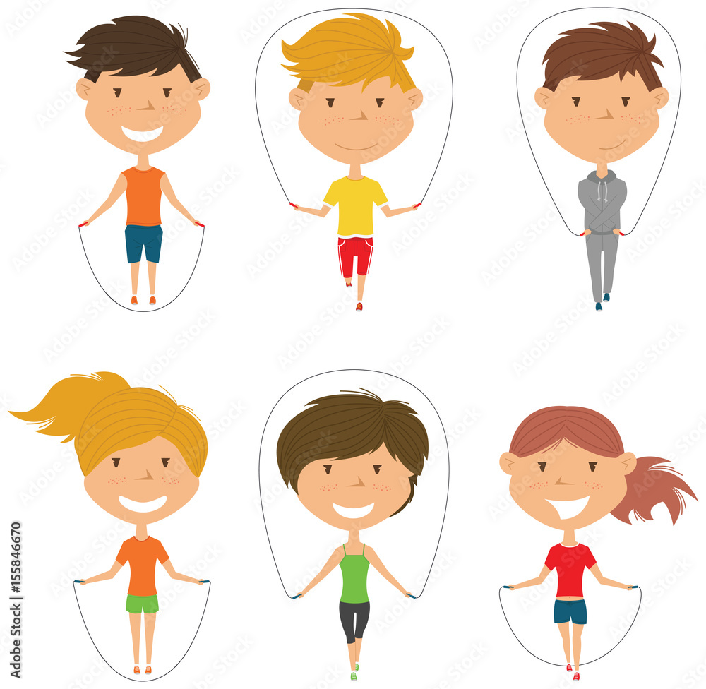 Cute boys and girls skipping rope vector set. Cute boys and girls skipping rope vector set.