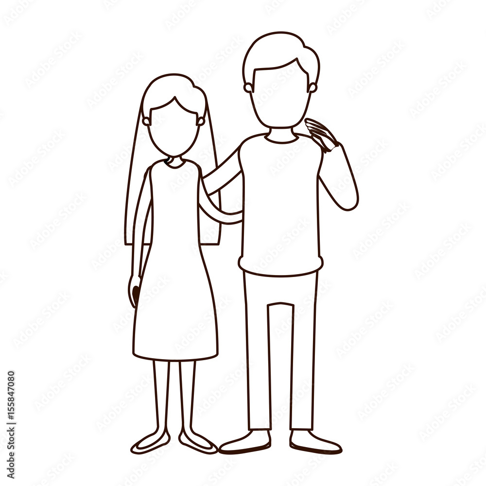 sketch contour full body woman with long hair in dress and man embracing couple vector illustration sketch contour full body woman with long hair in dress and man embracing couple vector illustration