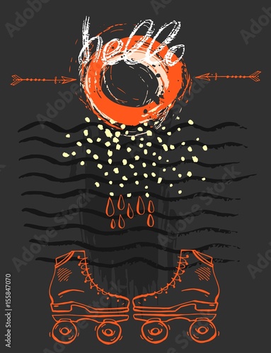 Hand drawn vector abstract template card with retro roller skates,waves strokes and hello handwritten lettering on black background with orange colors