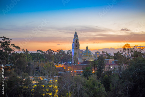 California Tower in Balboa Park, San Diego at Sunset with Lights
