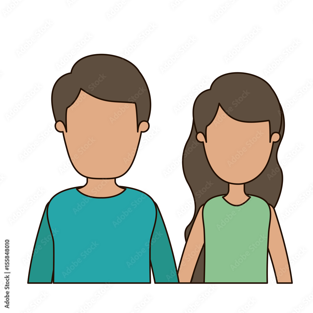 colorful caricature faceless front view half body couple woman with long wavy hair and man vector illustration colorful caricature faceless front view half body couple woman with long wavy hair and man vector illustration