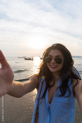 Girl Beach Summer Vacation, Young Woman Take Selfie Photo Sunset Sea Ocean Holiday Travel