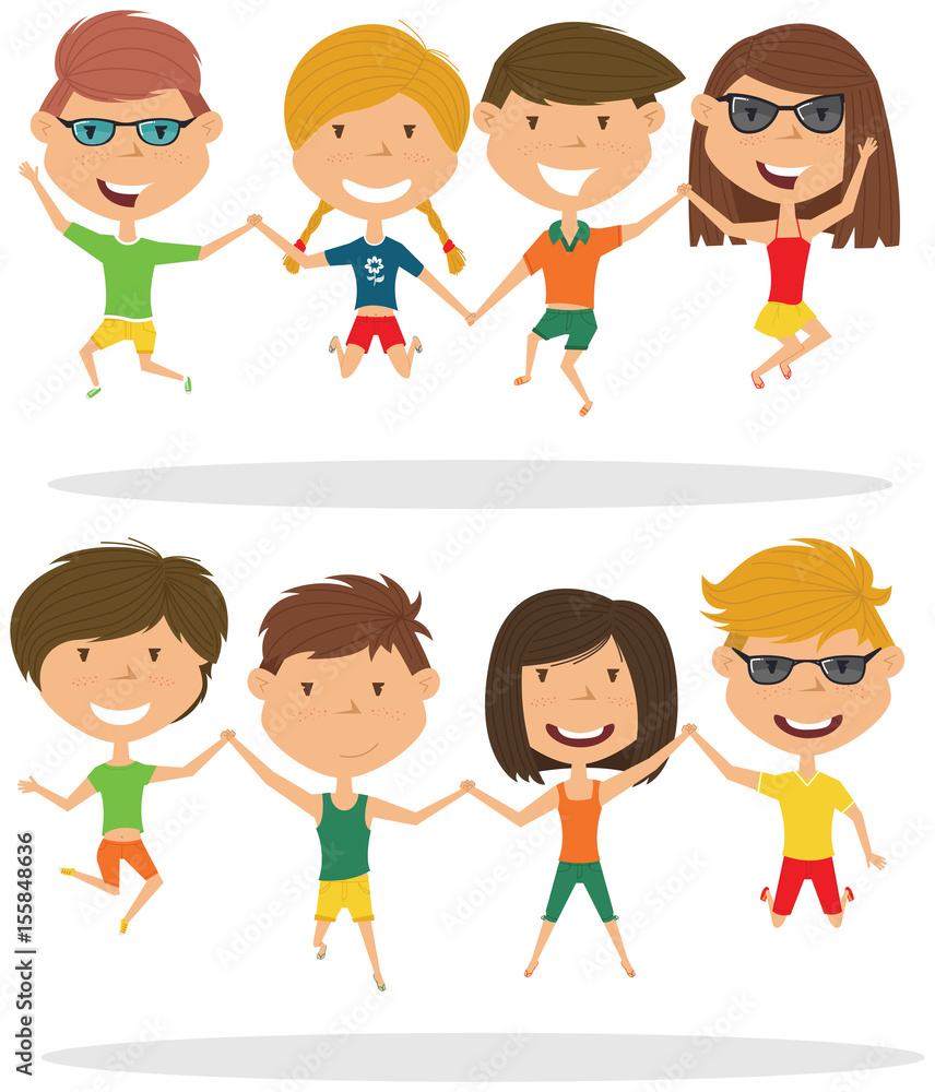 Cute couples jumping outdoor vector illustration.