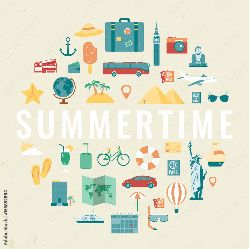 Summer holidays background with travel icons. Vector