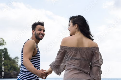 Couple Walking Summer Vacation, People Beautiful Young Happy Man And Woman Smile Blue Sky Holiday Travel