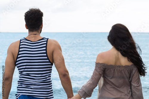 Couple Walking Summer Vacation, People Beautiful Young Happy Man And Woman Back Rear View Blue Sky Holiday Travel