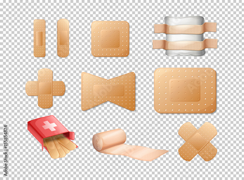 Different designs of bandages on transparent background