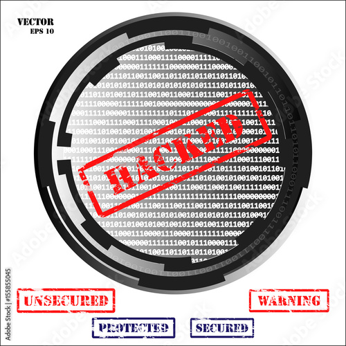 Binary code design cyber security concept with rubber stamp words.