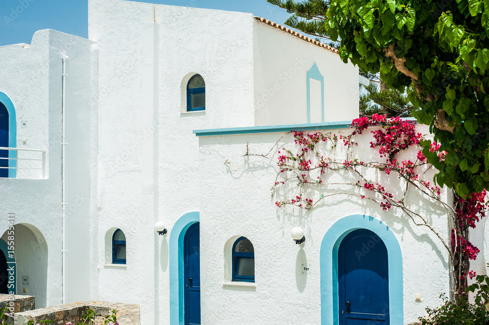 Greek architecture - white buildings, sea and blue windows, Bougainvillea on the white wall