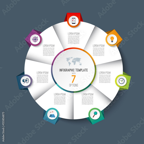 Infographic pie chart circle template with 7 options. Can be used as cycle diagram, graph, web banner, workflow layout