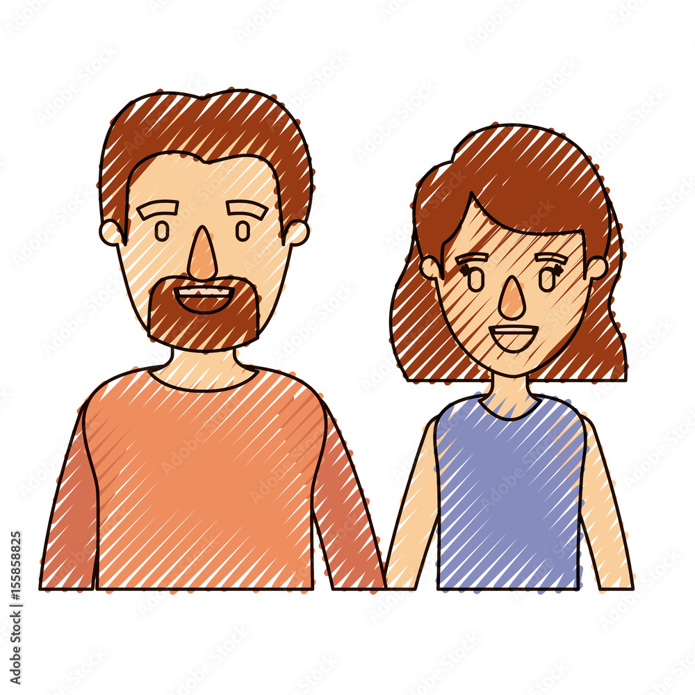 color crayon stripe caricature half body couple woman with short hair and bearded man vector illustration color crayon stripe caricature half body couple woman with short hair and bearded man vector illustration