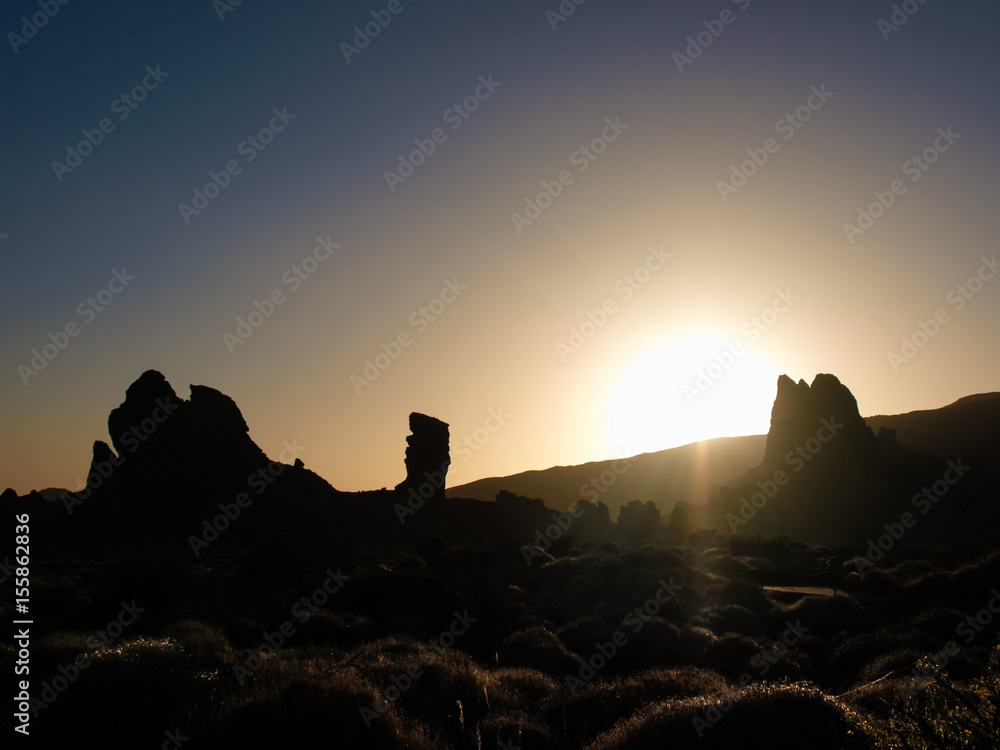 backlighting of famous rocks of Teide with sunset