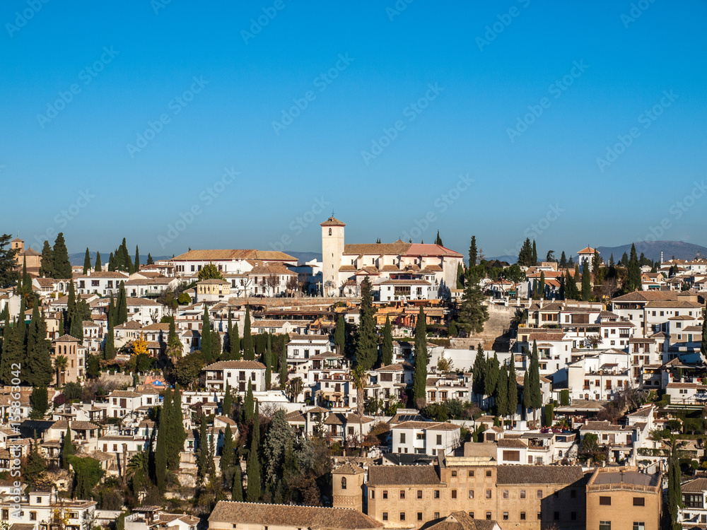 Albaycin and Saint Nicolas viewed from Alhambra, Granada, Spain