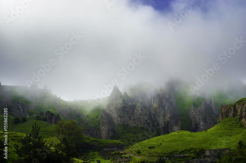 Forested mountain slope in low lying cloud with the green trees in mist in a scenic landscape view