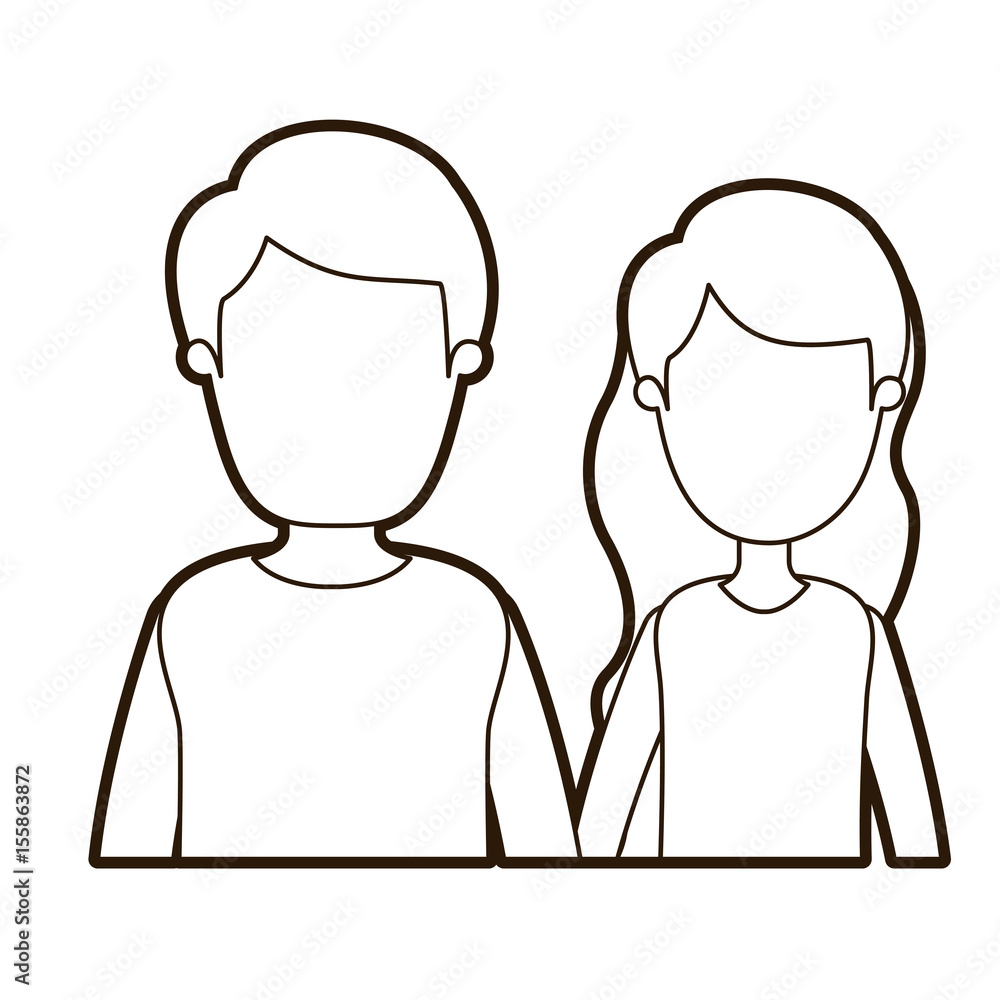 black thick contour caricature faceless half body couple woman with long wavy hair and man vector illustration black thick contour caricature faceless half body couple woman with long wavy hair and man vector illustration