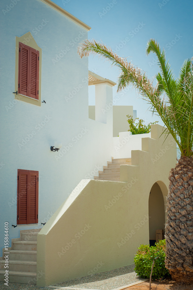 Greek architecture - white buildings, sea and blue windows, tree and flower